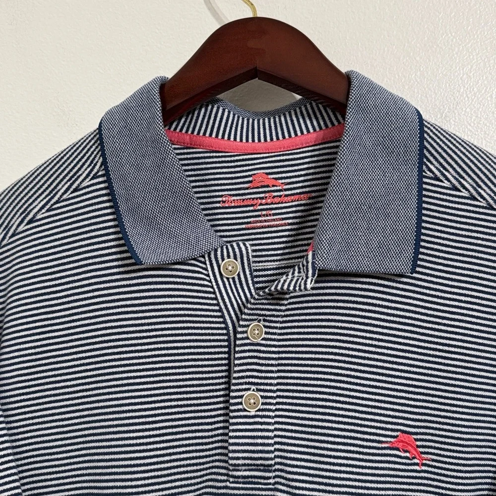 TOMMY BAHAMA Polo Shirt Mens Large Blue White Stripe Business Coastal Adult
